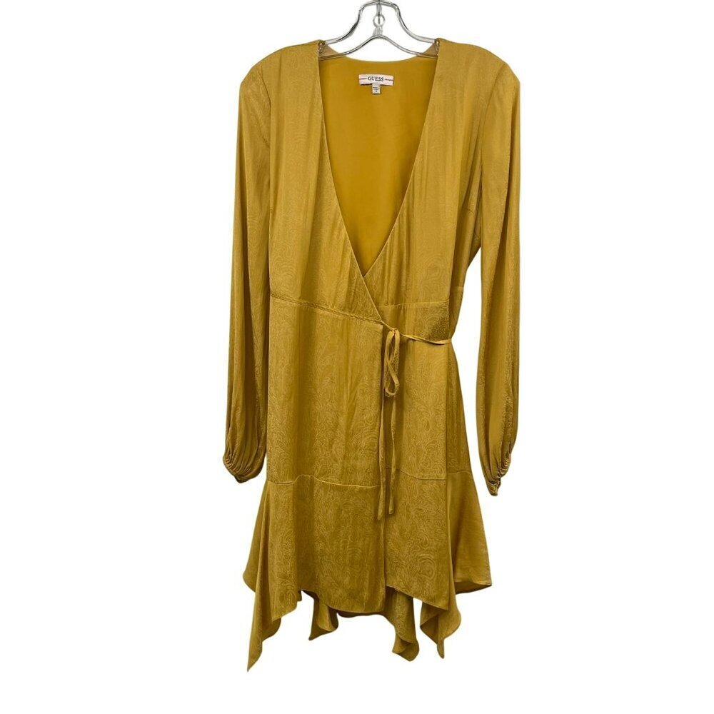 GUESS Womens Wrap Dress Long Sleeve V-Neck Paisley Yellow Mustard Size Small
